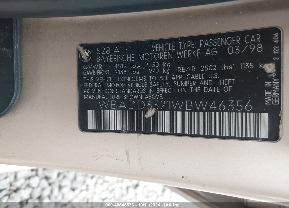 1998 BMW 528I VIN: WBADD6321WBW46356