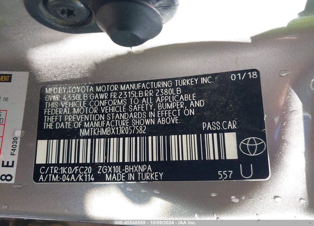 2018 TOYOTA C-HR XLE PREMIUM VIN: NMTKHMBX1JR057582