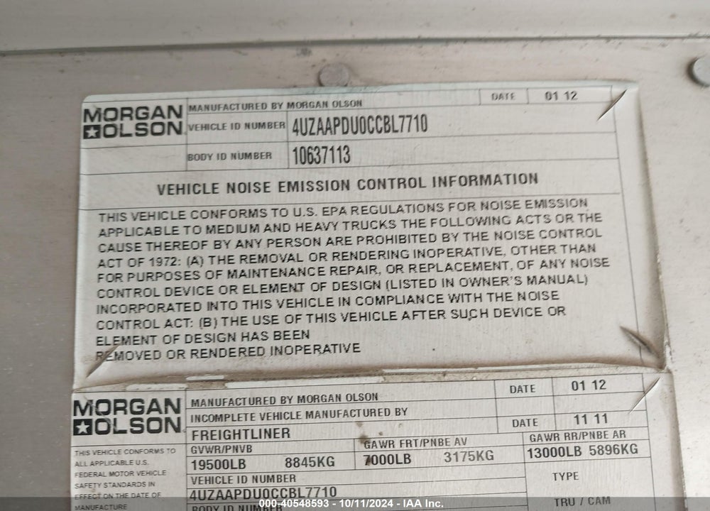 2012 FREIGHTLINER CHASSIS M LINE WALK-IN VAN VIN: 4UZAAPDU0CCBL7710