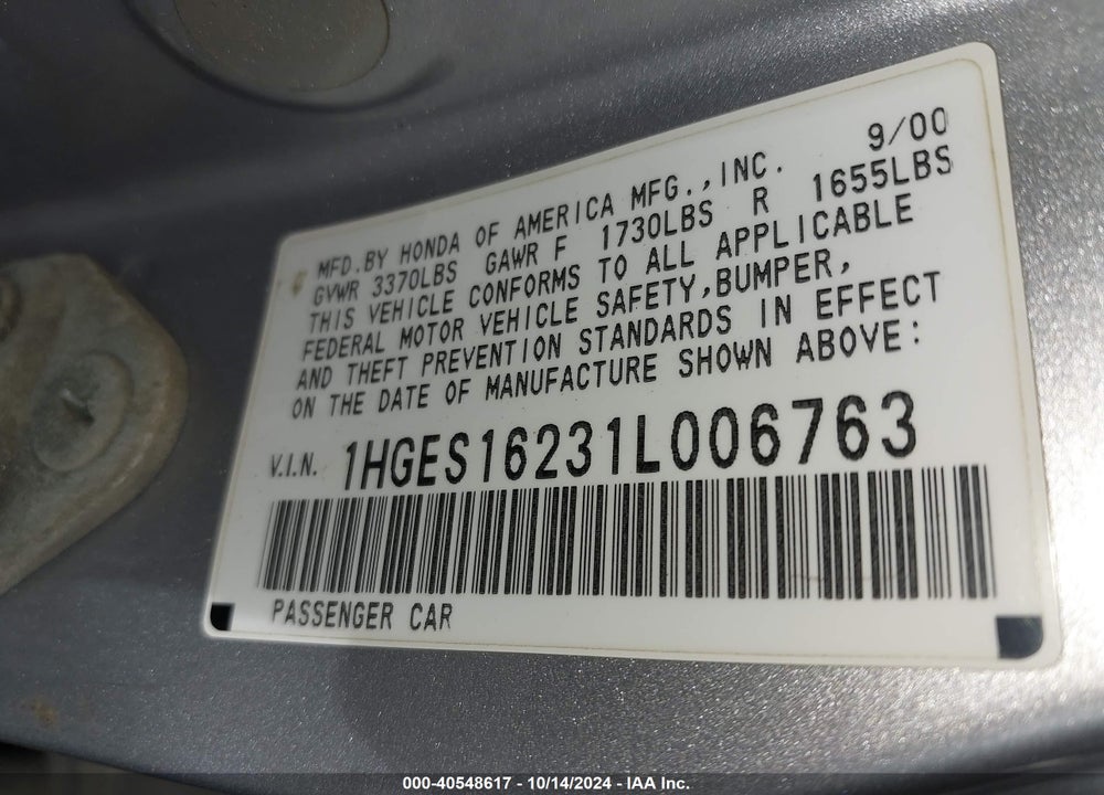 2001 HONDA CIVIC DX VIN: 1HGES16231L006763