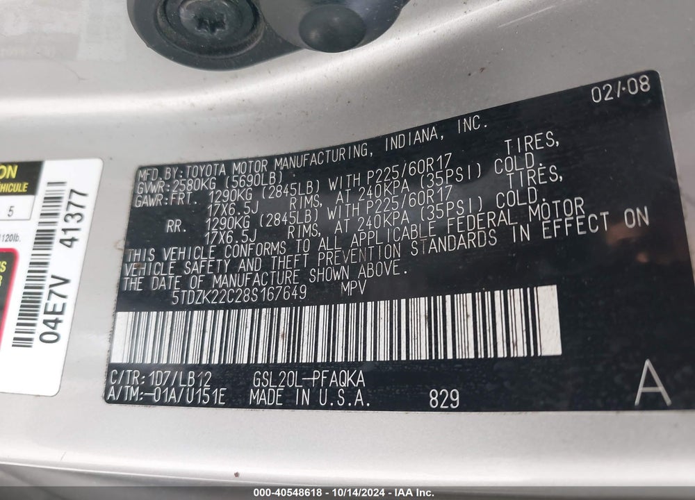 2008 TOYOTA SIENNA XLE VIN: 5TDZK22C28S167649