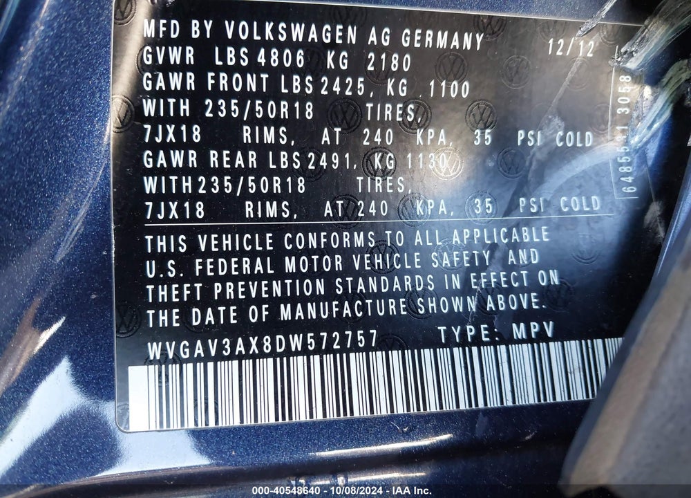 2013 VOLKSWAGEN TIGUAN SE VIN: WVGAV3AX8DW572757