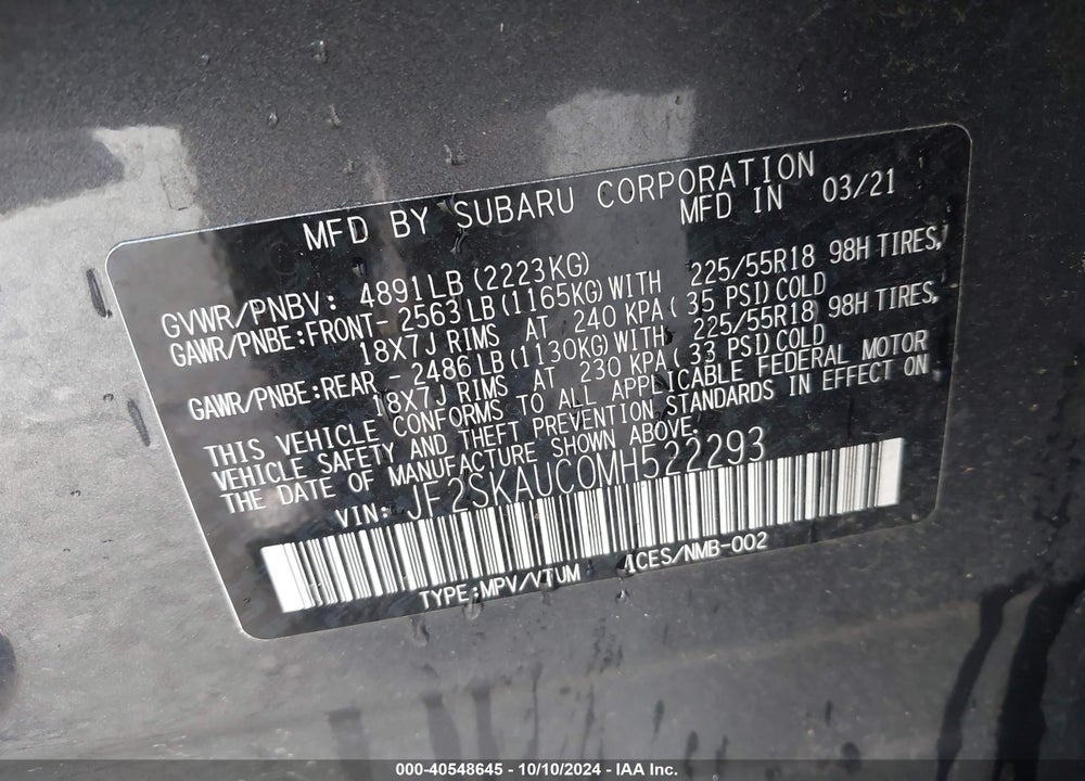 2021 SUBARU FORESTER LIMITED VIN: JF2SKAUC0MH522293