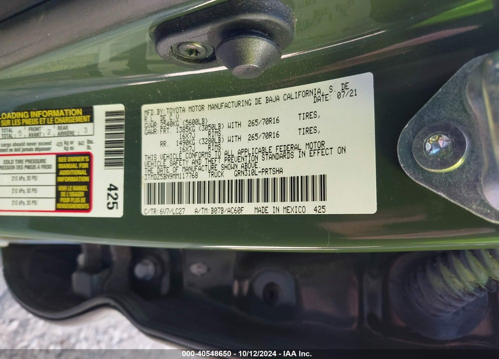 2021 TOYOTA TACOMA TRD OFF ROAD VIN: 3TMDZ5BN9MM117768