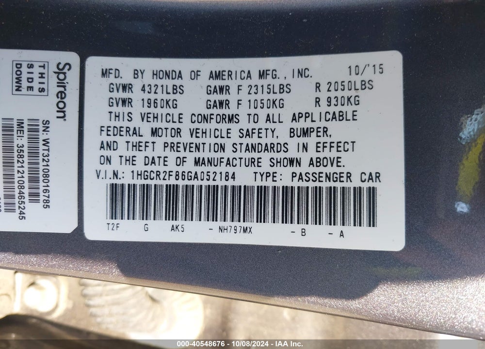 2016 HONDA ACCORD EX-L VIN: 1HGCR2F86GA052184