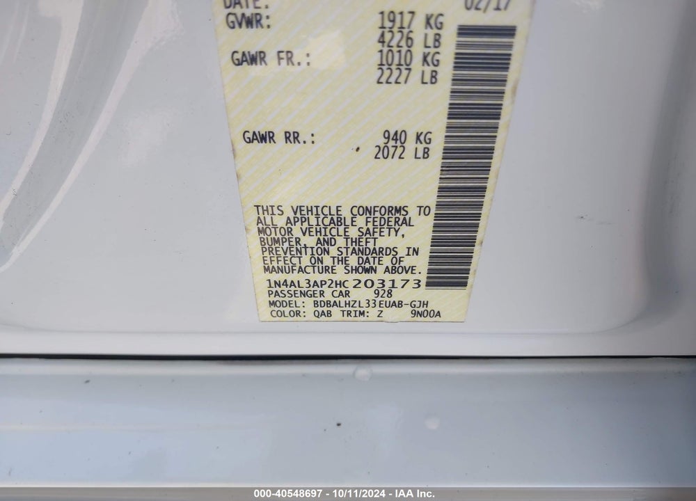 2017 NISSAN ALTIMA 2.5 SR VIN: 1N4AL3AP2HC203173