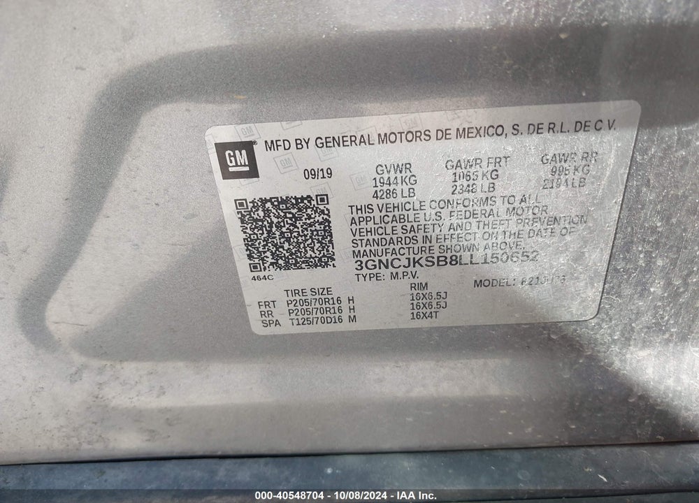 2020 CHEVROLET TRAX FWD LS VIN: 3GNCJKSB8LL150652