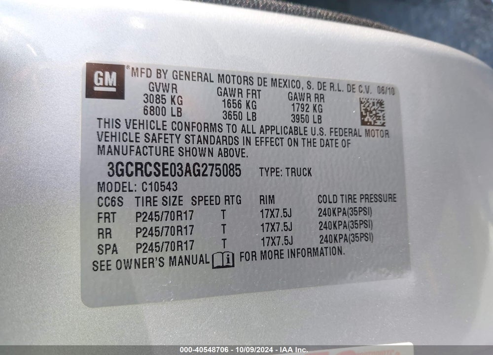 2010 CHEVROLET SILVERADO 1500 LT VIN: 3GCRCSE03AG275085