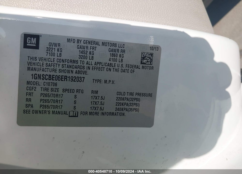 2014 CHEVROLET TAHOE LT VIN: 1GNSCBE06ER192037