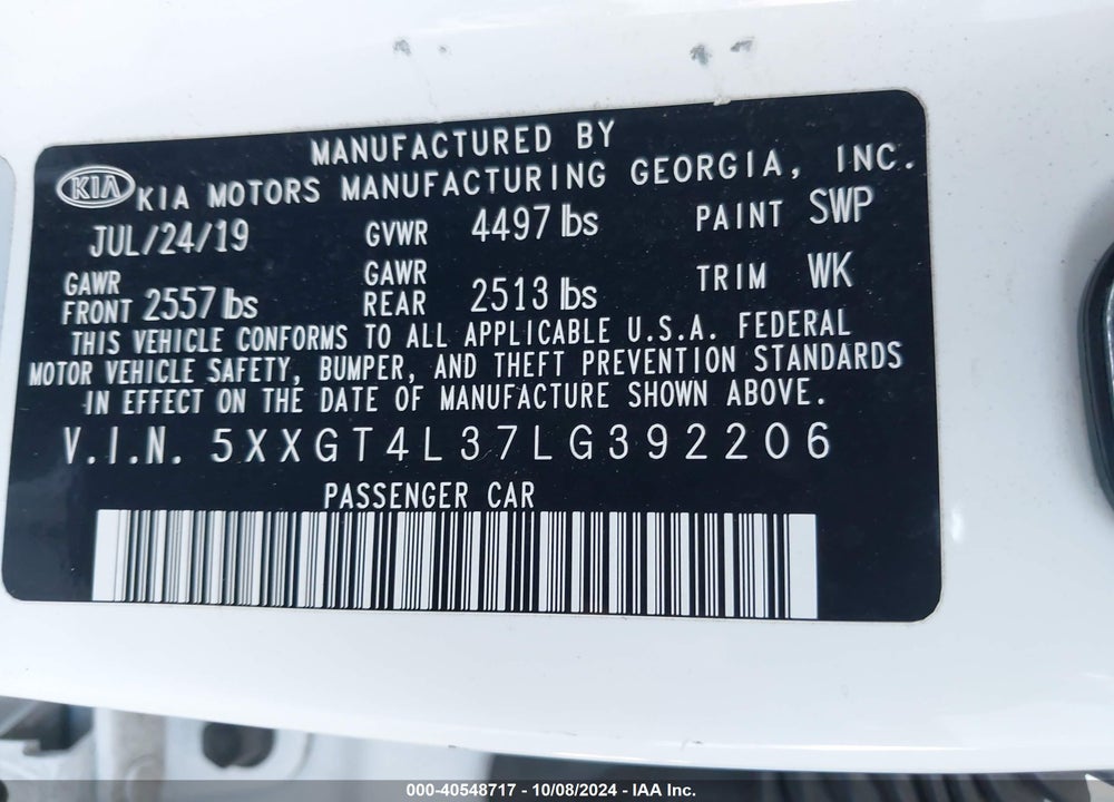 2020 KIA OPTIMA LX VIN: 5XXGT4L37LG392206