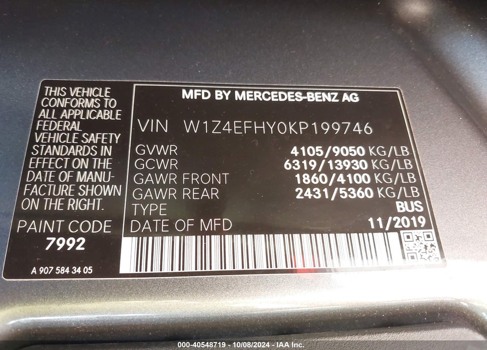 2019 MERCEDES-BENZ SPRINTER 2500 HIGH ROOF V6 VIN: W1Z4EFHY0KP199746