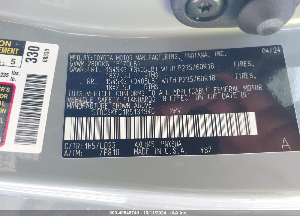 2024 TOYOTA SIENNA XSE VIN: 5TDCSKFC1RS131940