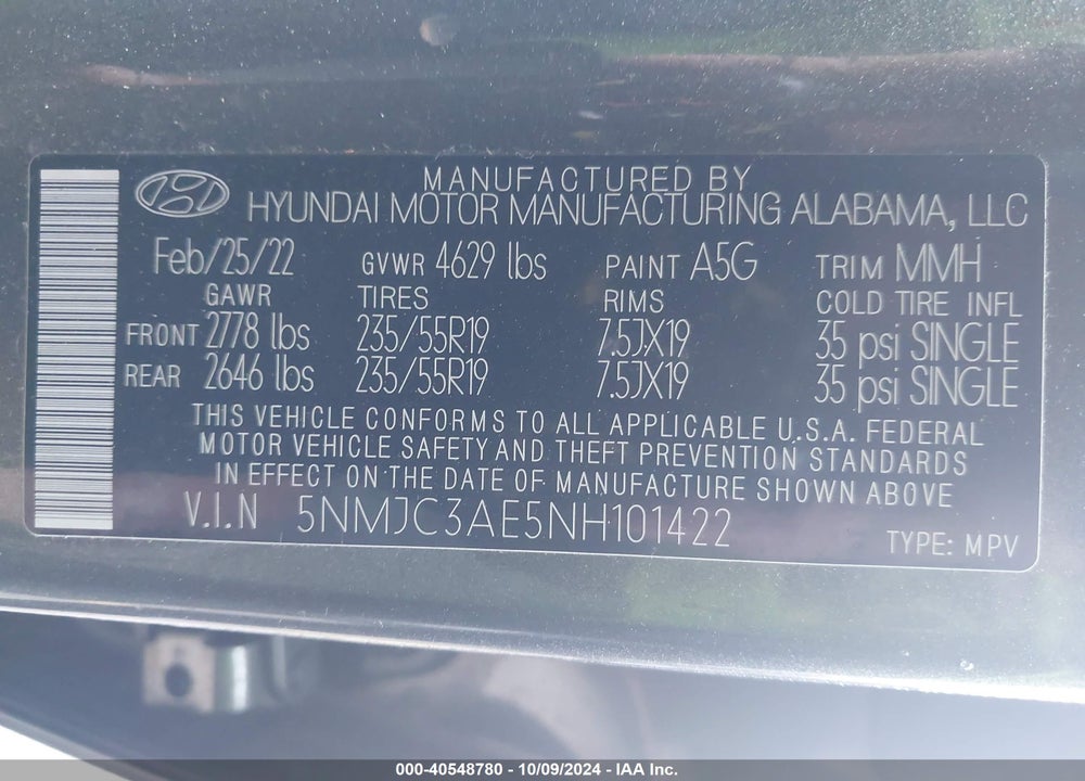 2022 HYUNDAI TUCSON SEL VIN: 5NMJC3AE5NH101422
