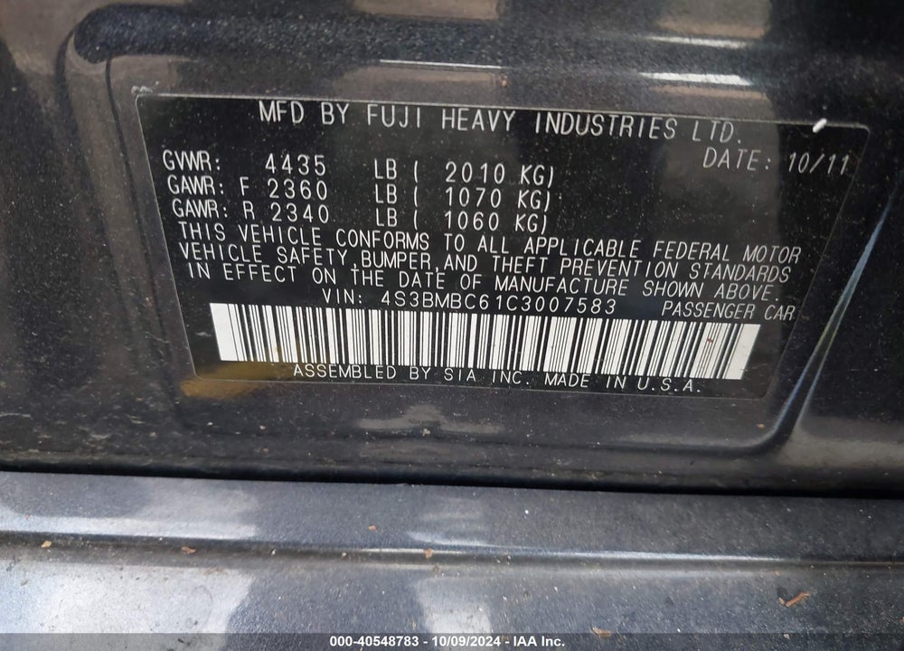 2012 SUBARU LEGACY 2.5I PREMIUM VIN: 4S3BMBC61C3007583