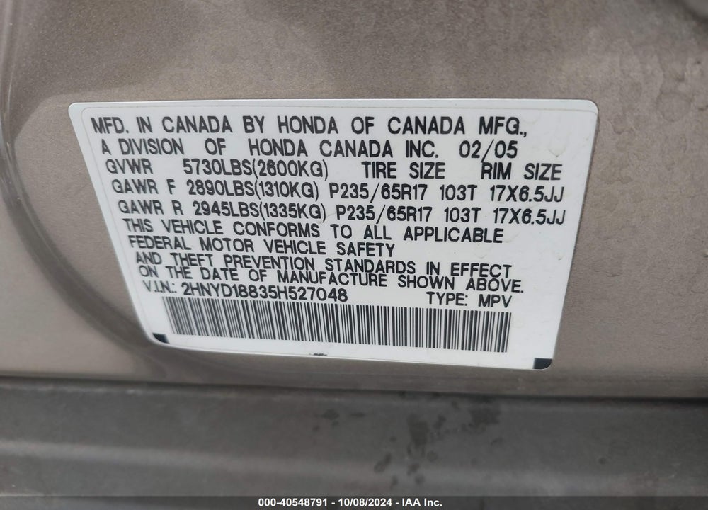 2005 ACURA MDX VIN: 2HNYD18835H527048