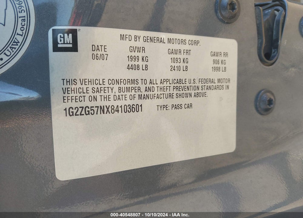 2008 PONTIAC G6 VIN: 1G2ZG57NX84103601
