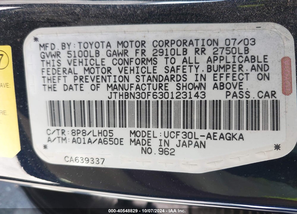 2003 LEXUS LS 430 VIN: JTHBN30F630123143