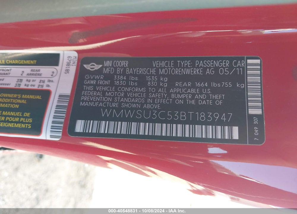 2011 MINI COOPER VIN: WMWSU3C53BT183947