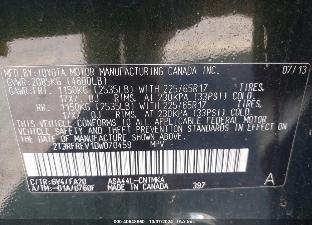 2013 TOYOTA RAV4 XLE VIN: 2T3RFREV1DW070459