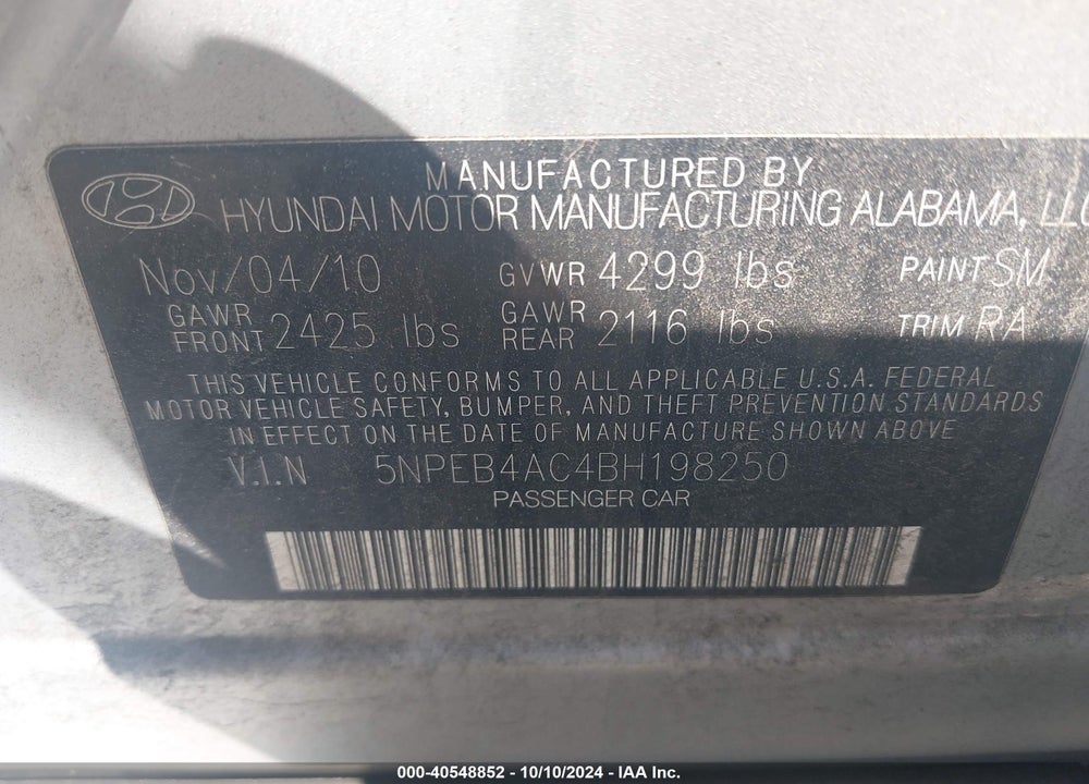 2011 HYUNDAI SONATA GLS VIN: 5NPEB4AC4BH198250