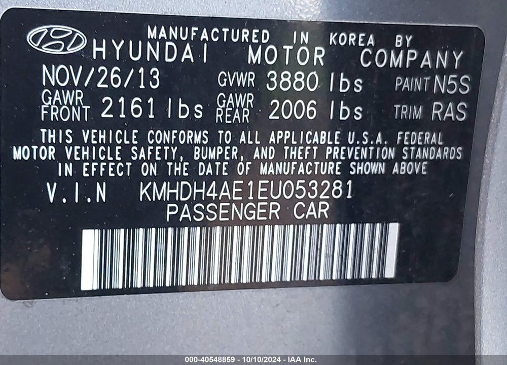 2014 HYUNDAI ELANTRA SE VIN: KMHDH4AE1EU053281