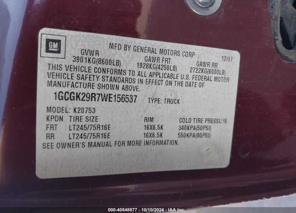 1998 CHEVROLET K2500 FLEETSIDE VIN: 1GCGK29R7WE156537