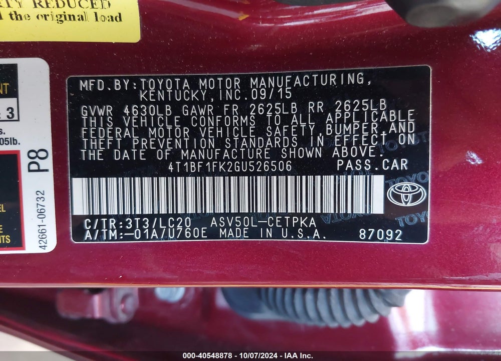 2016 TOYOTA CAMRY XSE VIN: 4T1BF1FK2GU526506