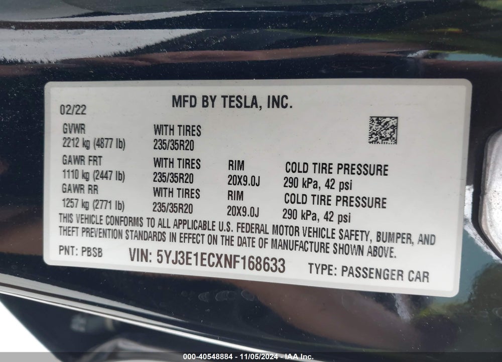 2022 TESLA MODEL 3 PERFORMANCE DUAL MOTOR ALL-WHEEL DRIVE VIN: 5YJ3E1ECXNF168633