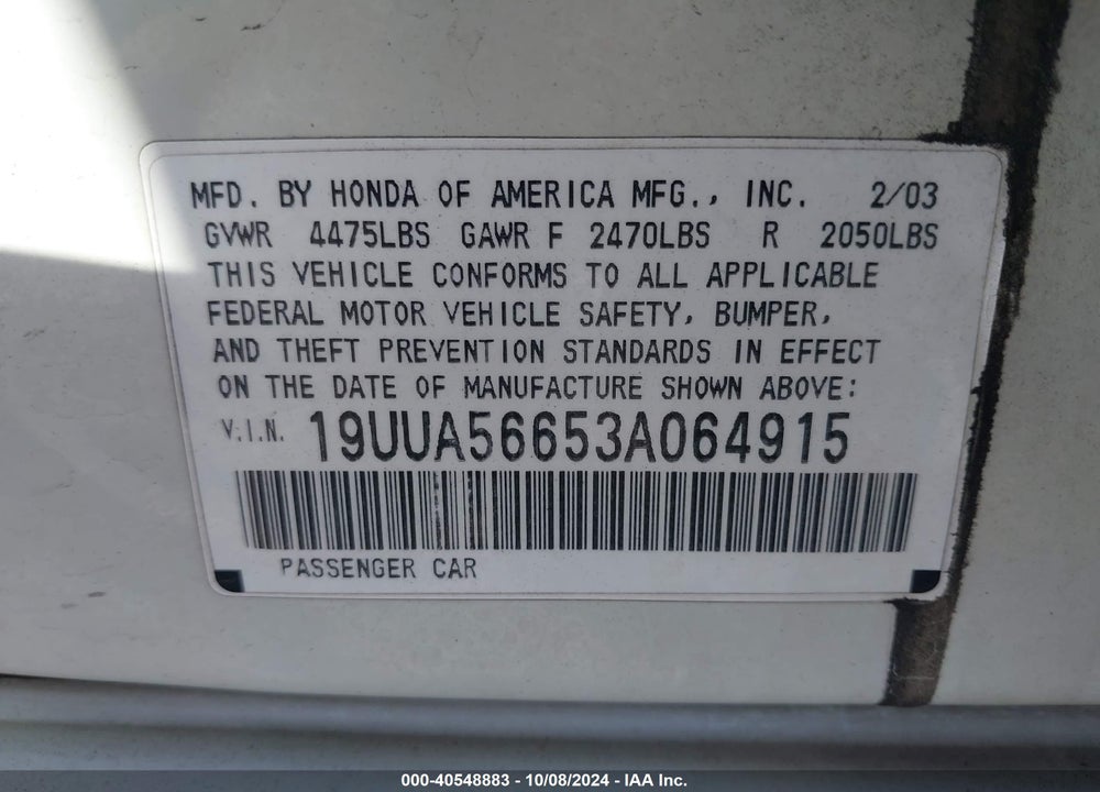 2003 ACURA TL 3.2 VIN: 19UUA56653A064915