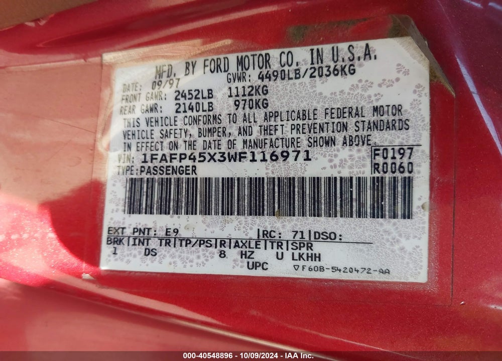 1998 FORD MUSTANG GT VIN: 1FAFP45X3WF116971