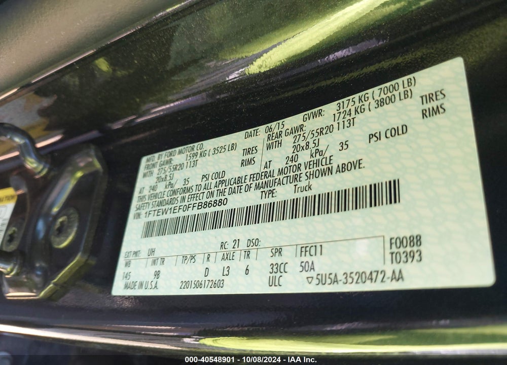 2015 FORD F-150 PLATINUM VIN: 1FTEW1EF0FFB86880