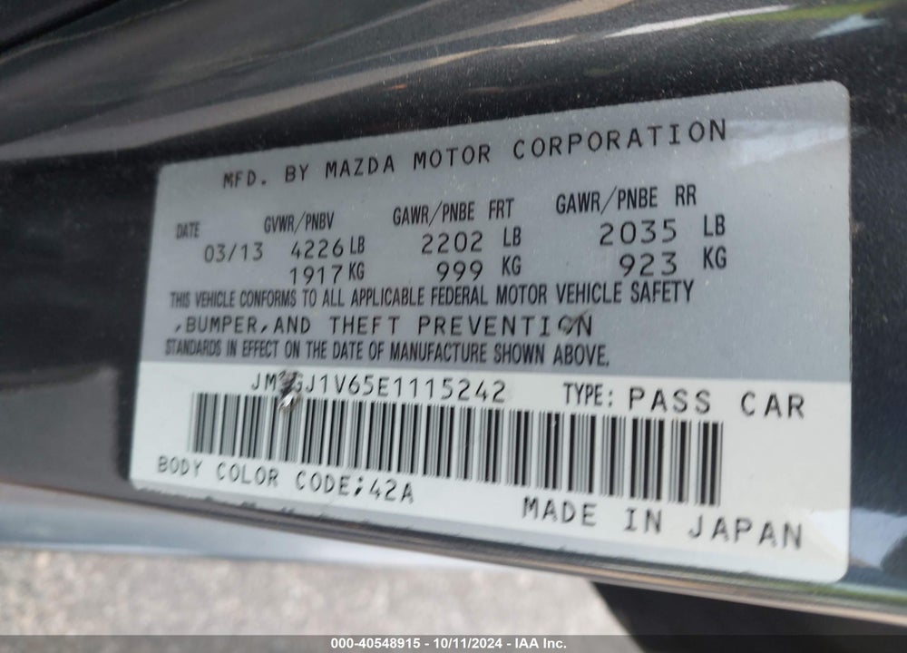 2014 MAZDA 6 I TOURING VIN: JM1GJ1V65E1115242