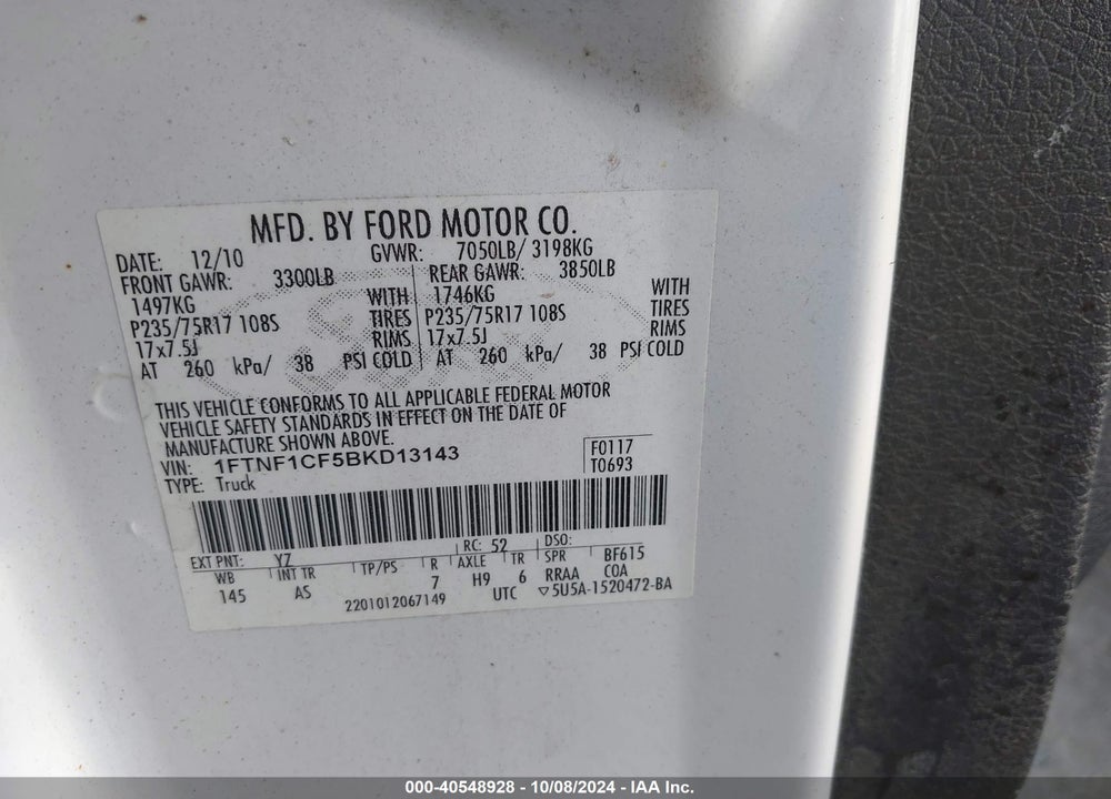2011 FORD F-150 XL VIN: 1FTNF1CF5BKD13143