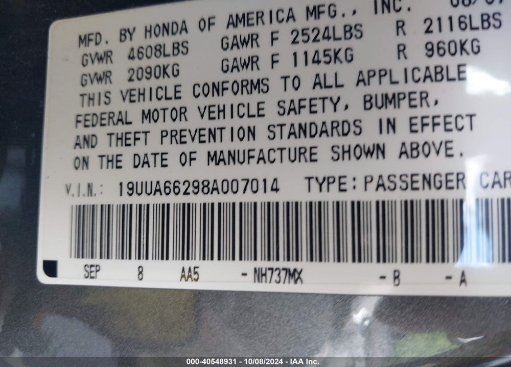 2008 ACURA TL 3.2 VIN: 19UUA66298A007014