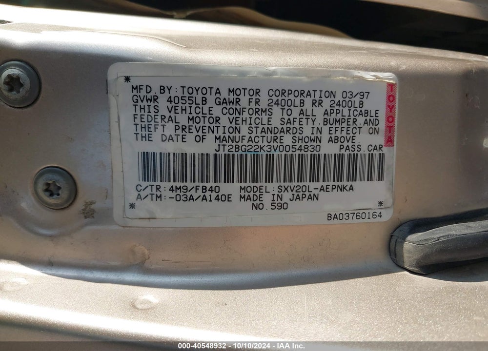 1997 TOYOTA CAMRY LE VIN: JT2BG22K3V0054830
