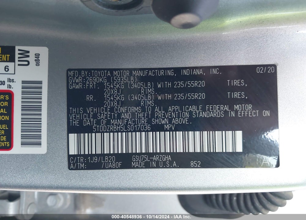 2020 TOYOTA HIGHLANDER LIMITED VIN: 5TDDZRBH5LS017036