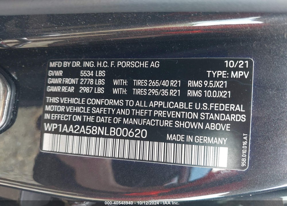 2022 PORSCHE MACAN VIN: WP1AA2A58NLB00620