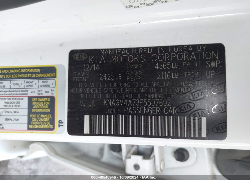 2015 KIA OPTIMA VIN: KNAGM4A73F5597692