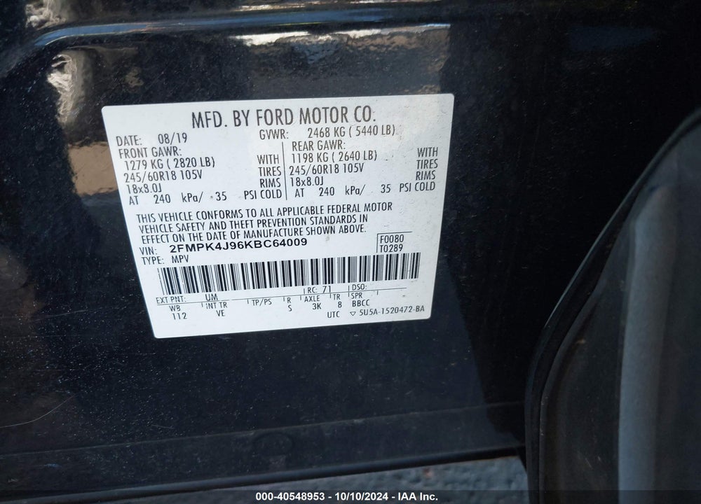 2019 FORD EDGE SEL VIN: 2FMPK4J96KBC64009