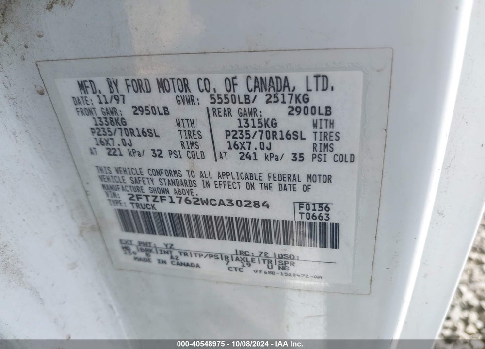 1998 FORD F-150 LARIAT/STANDARD/XL/XLT VIN: 2FTZF1762WCA30284