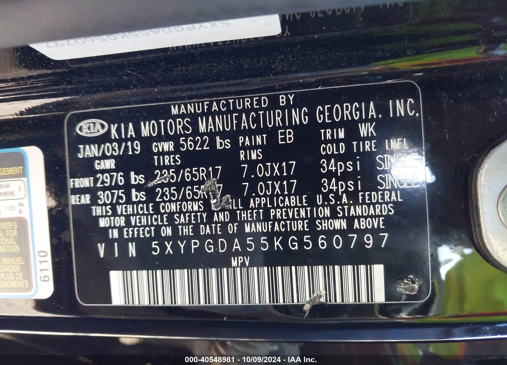 2019 KIA SORENTO 3.3L LX VIN: 5XYPGDA55KG560797