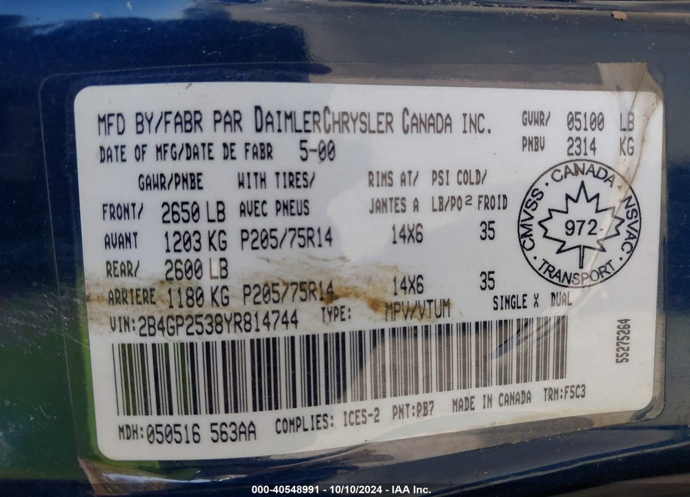 2000 DODGE CARAVAN VIN: 2B4GP2538YR814744