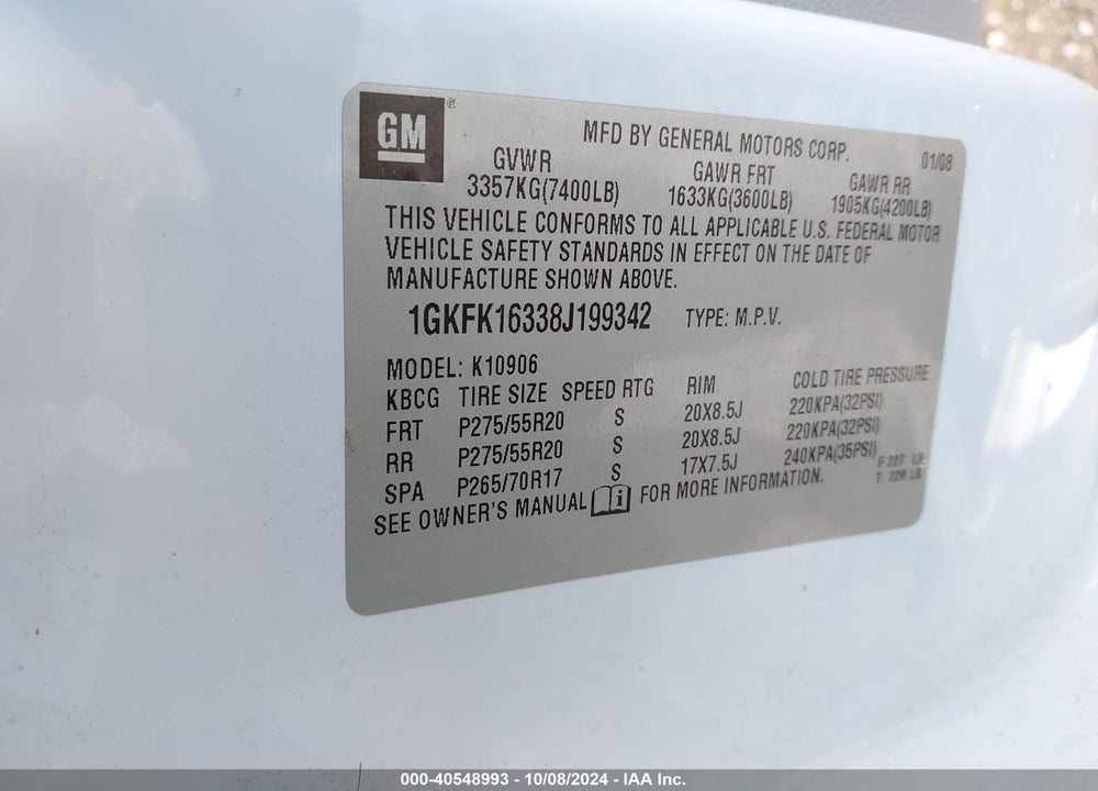 2008 GMC YUKON XL 1500 SLT VIN: 1GKFK16338J199342