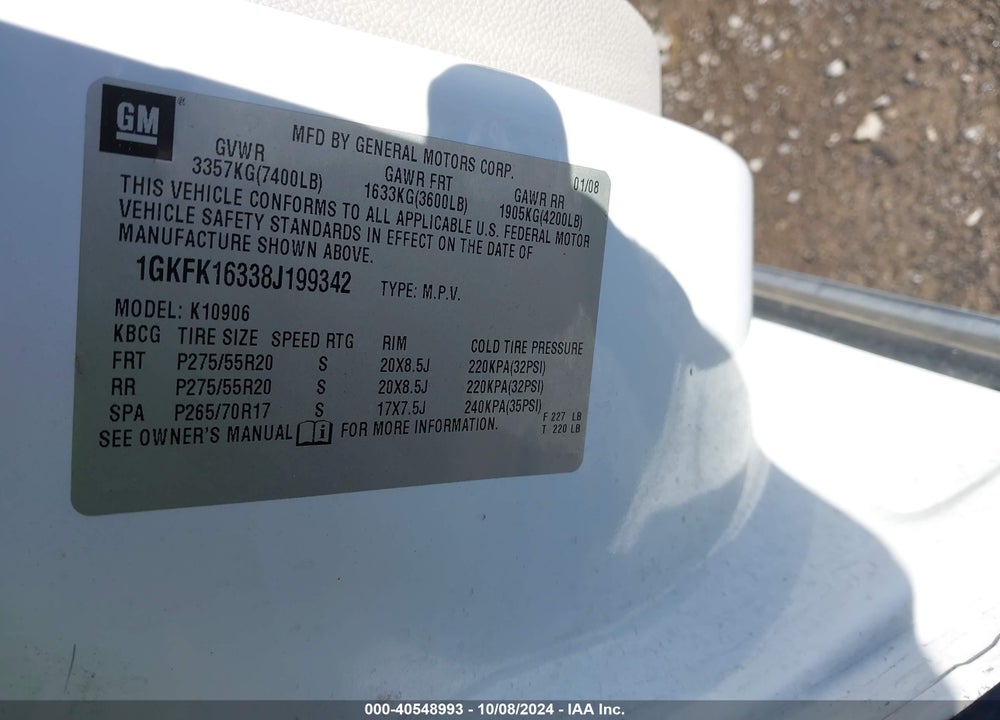 2008 GMC YUKON XL 1500 SLT VIN: 1GKFK16338J199342