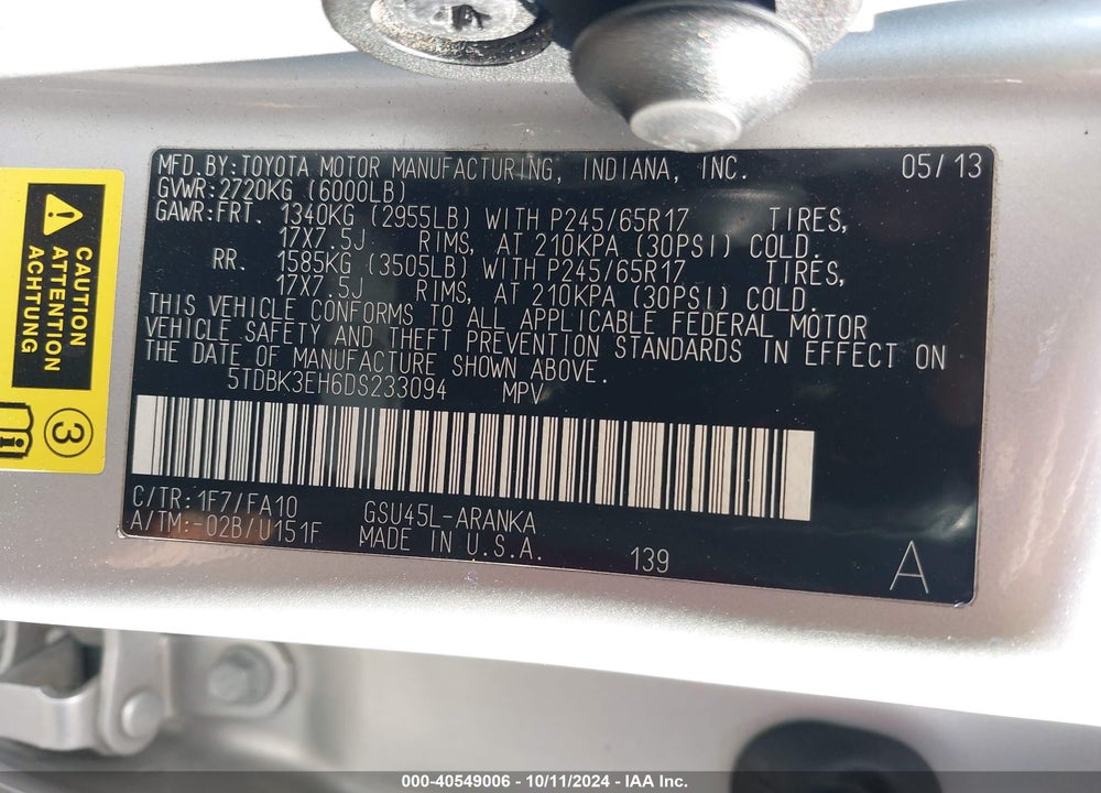 2013 TOYOTA HIGHLANDER BASE PLUS V6 VIN: 5TDBK3EH6DS233094