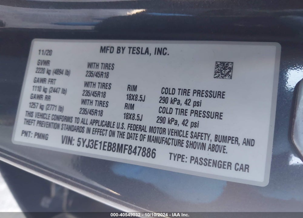 2021 TESLA MODEL 3 LONG RANGE DUAL MOTOR ALL-WHEEL DRIVE VIN: 5YJ3E1EB8MF847886