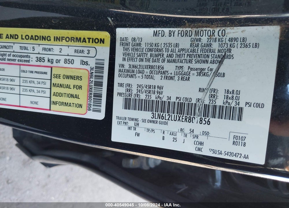 2014 LINCOLN MKZ HYBRID VIN: 3LN6L2LUXER801856