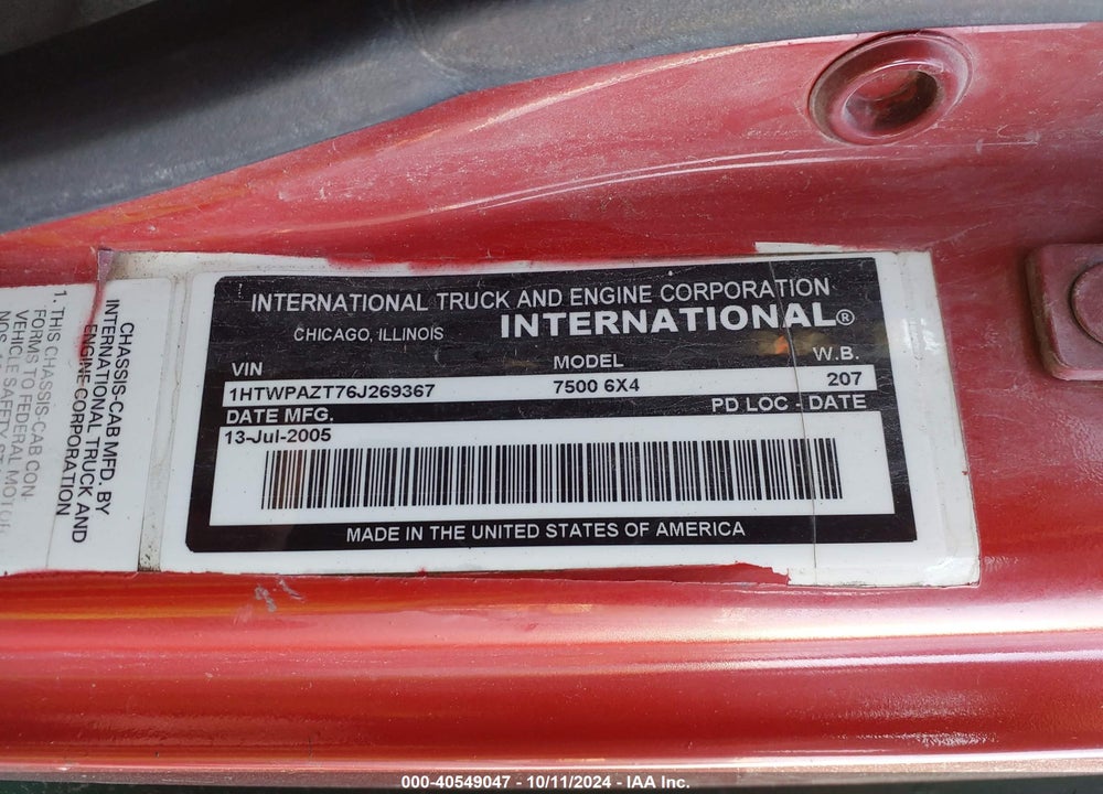 2006 INTERNATIONAL 7500 7500 VIN: 1HTWPAZT76J269367
