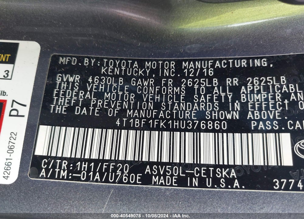 2017 TOYOTA CAMRY SE VIN: 4T1BF1FK1HU376860