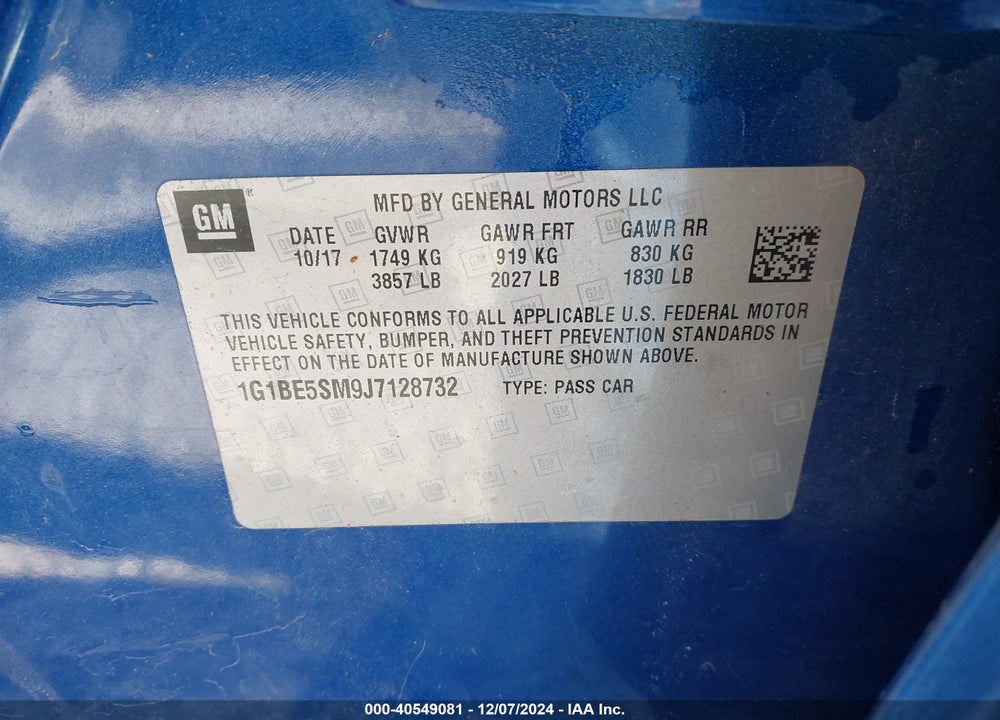 2018 CHEVROLET CRUZE VIN: 1G1BE5SM9J7128732